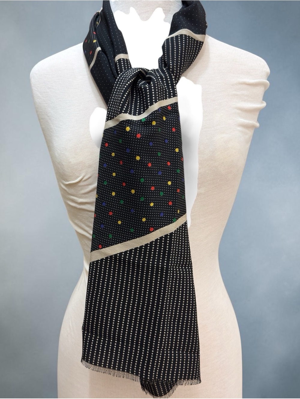 Saldarini 100% Silk Scarf Black Polka Dot Geometric Oblong Made in Italy